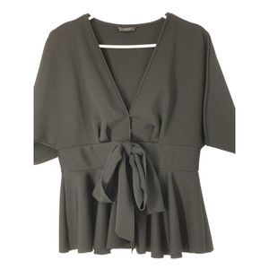 Womens Shein Size L Jet Black Scuba Top Peplum Tie Belt V-neck Dolman 5171